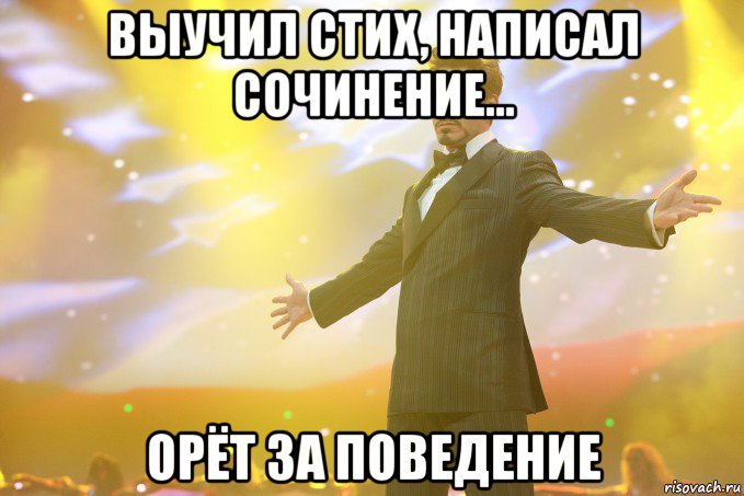 Выучил стих, написал сочинение... Орёт за поведение, Мем Тони Старк (Роберт Дауни младший)