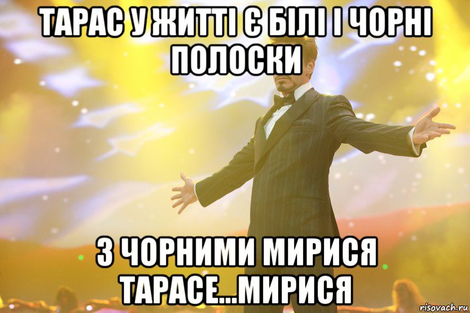 Тарас у житті є білі і чорні полоски з чорними мирися Тарасе...мирися, Мем Тони Старк (Роберт Дауни младший)