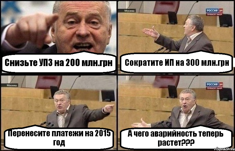 Снизьте УПЗ на 200 млн.грн Сократите ИП на 300 млн.грн Перенесите платежи на 2015 год А чего аварийность теперь растет???, Комикс Жириновский