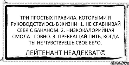 Три простых правила, которыми я руководствуюсь в жизни: 1. Не сравнивай себя с бананом. 2. Низкокалорийная смола - говно. 3. Прекращай пить, когда ты не чувствуешь свое еб*o. Лейтенант Неадекват©, Комикс Асоциальная антиреклама