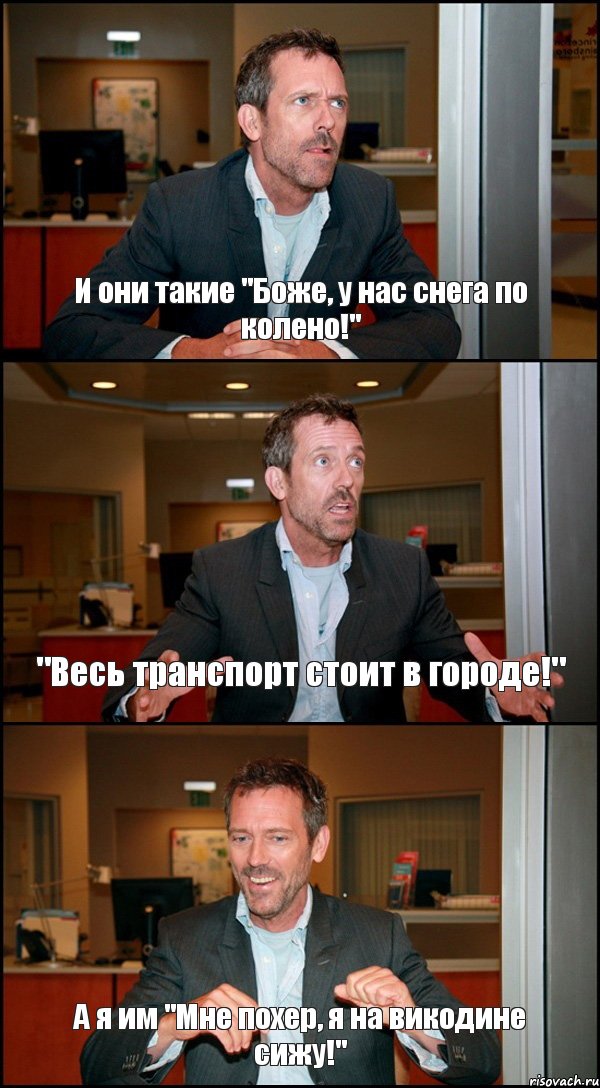 И они такие "Боже, у нас снега по колено!" "Весь транспорт стоит в городе!" А я им "Мне похер, я на викодине сижу!", Комикс Доктор Хаус