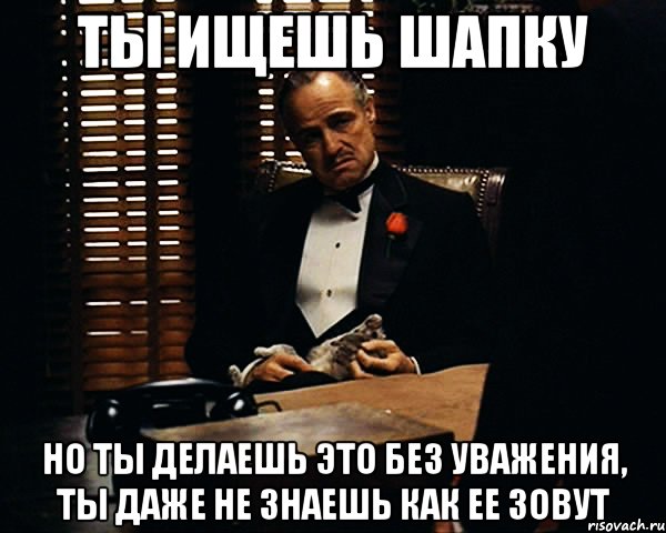 ТЫ ИЩЕШЬ ШАПКУ НО ТЫ ДЕЛАЕШЬ ЭТО БЕЗ УВАЖЕНИЯ, ТЫ ДАЖЕ НЕ ЗНАЕШЬ КАК ЕЕ ЗОВУТ, Мем Дон Вито Корлеоне