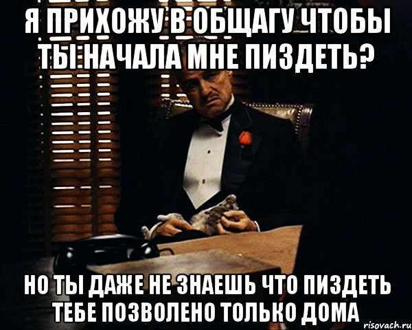 Я прихожу в общагу чтобы ты начала мне пиздеть? Но ты даже не знаешь что пиздеть тебе позволено только дома, Мем Дон Вито Корлеоне