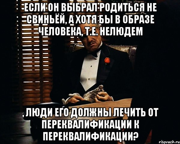 если он выбрал родиться не свиньёй, а хотя бы в образе человека, т.е. нелюдем , люди его должны лечить от переквалификации к переквалификации?, Мем Дон Вито Корлеоне