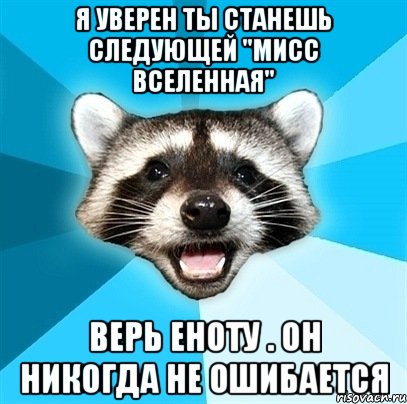 Я уверен ты станешь следующей "мисс вселенная" Верь Еноту . Он никогда не ошибается, Мем Енот-Каламбурист