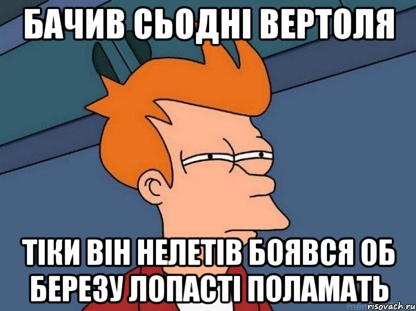 бачив сьодні вертоля тіки він нелетів боявся об березу лопасті поламать, Мем  Фрай (мне кажется или)