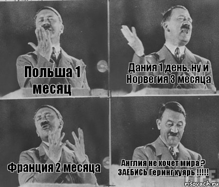 Польша 1 месяц Дания 1 день, ну и Норвегия 3 месяца Франция 2 месяца Англия не хочет мира ? ЗАЕБИСЬ Геринг хуярь !!!!!