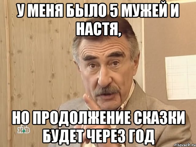 у меня было 5 мужей и настя, но продолжение сказки будет через год, Мем Каневский (Но это уже совсем другая история)