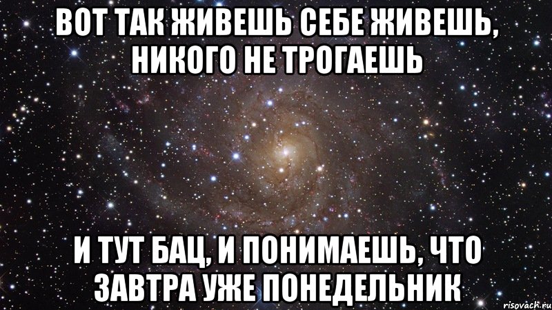 Никто не жил. Живешь никого не трогаешь. Вот живёшь себе никого не трогаешь. Живешь себе живешь и тут бац. Живешь никого не трогаешь а хотелось бы потрогать.