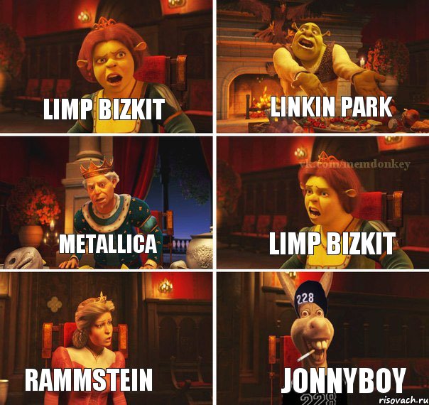 Limp bizkit Linkin park Metallica Limp bizkit Rammstein Jonnyboy, Комикс  Мем осла из шрека гопник