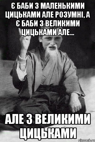 Є БАБИ З МАЛЕНЬКИМИ ЦИЦЬКАМИ АЛЕ РОЗУМНІ, А Є БАБИ З ВЕЛИКИМИ ЦИЦЬКАМИ АЛЕ... АЛЕ З ВЕЛИКИМИ ЦИЦЬКАМИ, Мем Мудрий паца