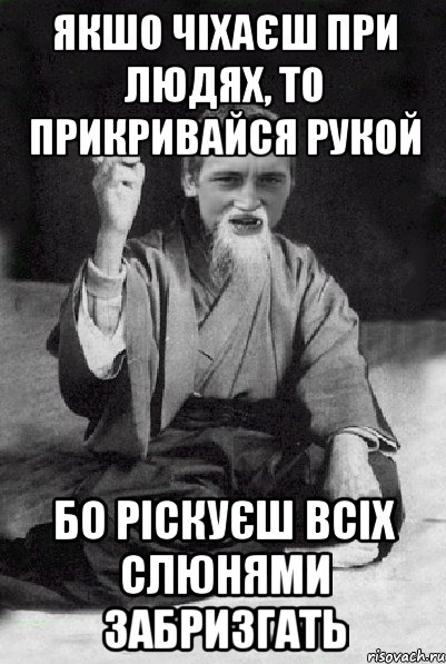 якшо чіхаєш при людях, то прикривайся рукой бо ріскуєш всіх слюнями забризгать, Мем Мудрий паца