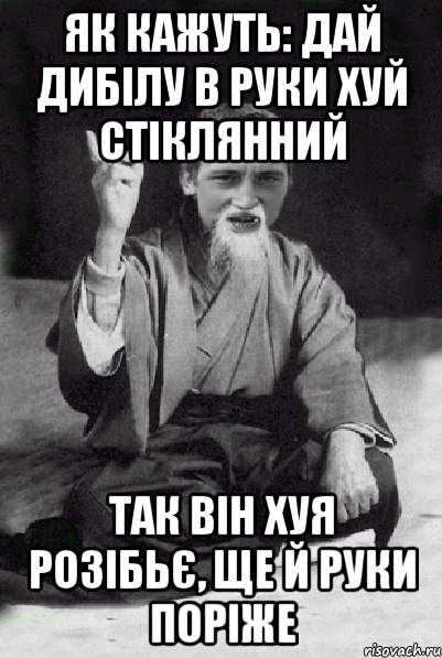 як кажуть: дай дибілу в руки хуй стіклянний так він хуя розібьє, ще й руки поріже, Мем Мудрий паца