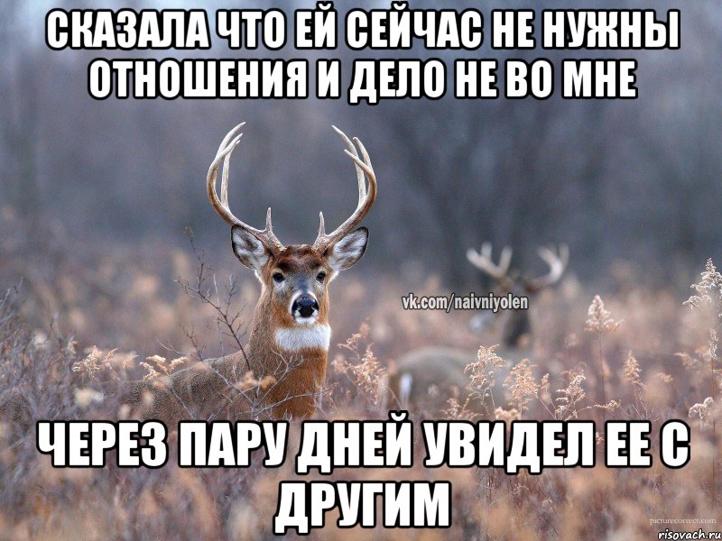 СКАЗАЛА ЧТО ЕЙ СЕЙЧАС НЕ НУЖНЫ ОТНОШЕНИЯ И ДЕЛО НЕ ВО МНЕ ЧЕРЕЗ ПАРУ ДНЕЙ УВИДЕЛ ЕЕ С ДРУГИМ