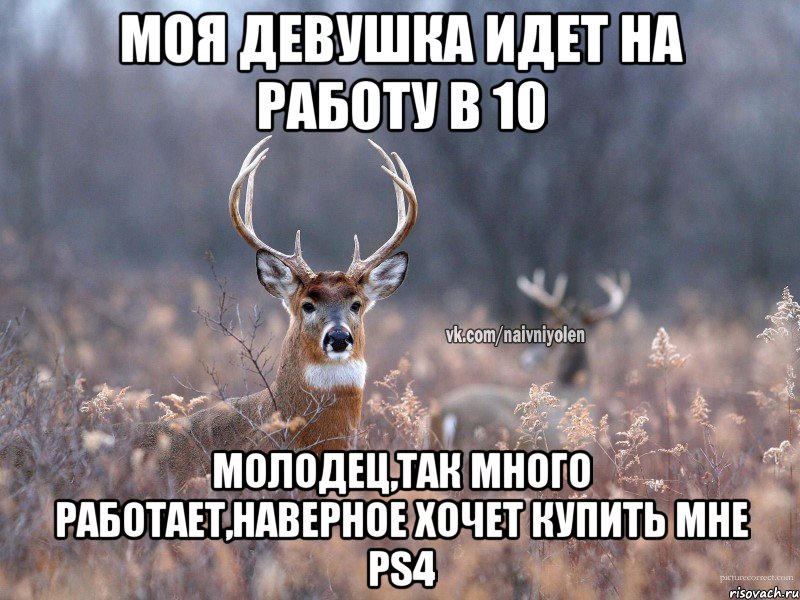 Моя девушка идет на работу в 10 Молодец,так много работает,наверное хочет купить мне ps4, Мем   Наивный олень