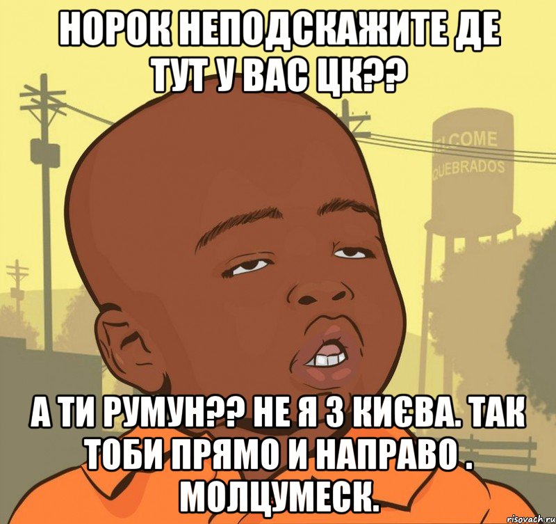 норок неподскажите де тут у вас цк?? а ти румун?? не я з києва. так тоби прямо и направо . молцумеск., Мем Пацан наркоман