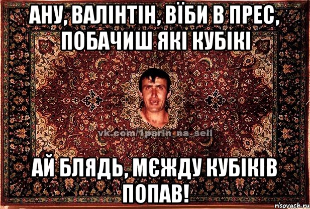 ану, валінтін, вїби в прес, побачиш які кубікі ай блядь, мєжду кубіків попав!, Мем Парнь на сел