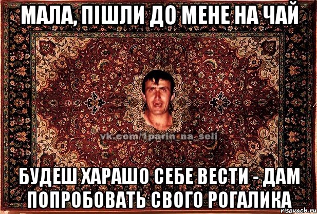 мала, пішли до мене на чай будеш харашо себе вести - дам попробовать свого рогалика, Мем Парнь на сел