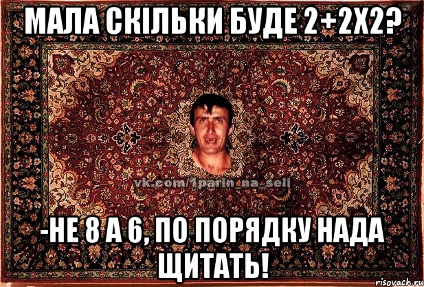 мала скільки буде 2+2х2? -не 8 а 6, по порядку нада щитать!, Мем Парнь на сел