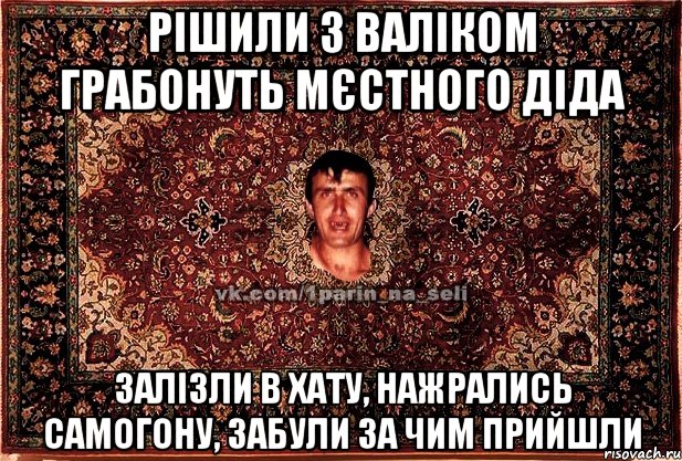 рішили з валіком грабонуть мєстного діда залізли в хату, нажрались самогону, забули за чим прийшли, Мем Парнь на сел