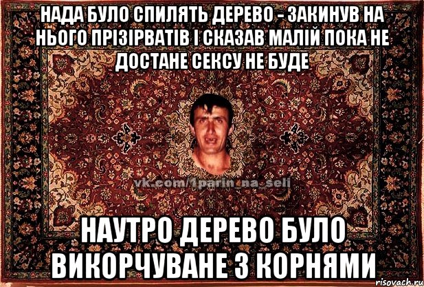 нада було спилять дерево - закинув на нього прізірватів і сказав малій пока не достане сексу не буде наутро дерево було викорчуване з корнями, Мем Парнь на сел