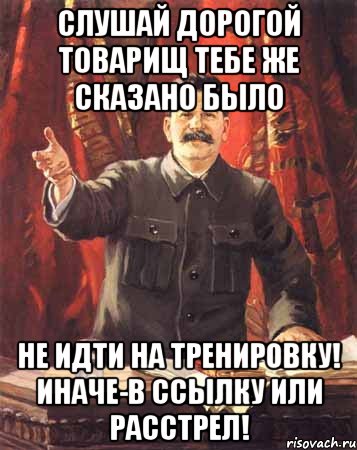 СЛУШАЙ ДОРОГОЙ ТОВАРИЩ ТЕБЕ ЖЕ СКАЗАНО БЫЛО НЕ ИДТИ НА ТРЕНИРОВКУ! ИНАЧЕ-В ССЫЛКУ ИЛИ РАССТРЕЛ!, Мем  сталин цветной