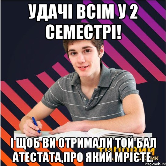 Удачі всім у 2 семестрі! І щоб ви отримали той бал атестата,про який мрієте., Мем Типовий одинадцятикласник