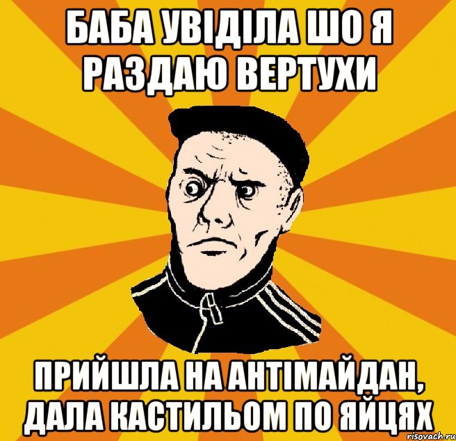 Баба увіділа шо я раздаю вертухи прийшла на антімайдан, дала кастильом по яйцях, Мем Типовий Титушка