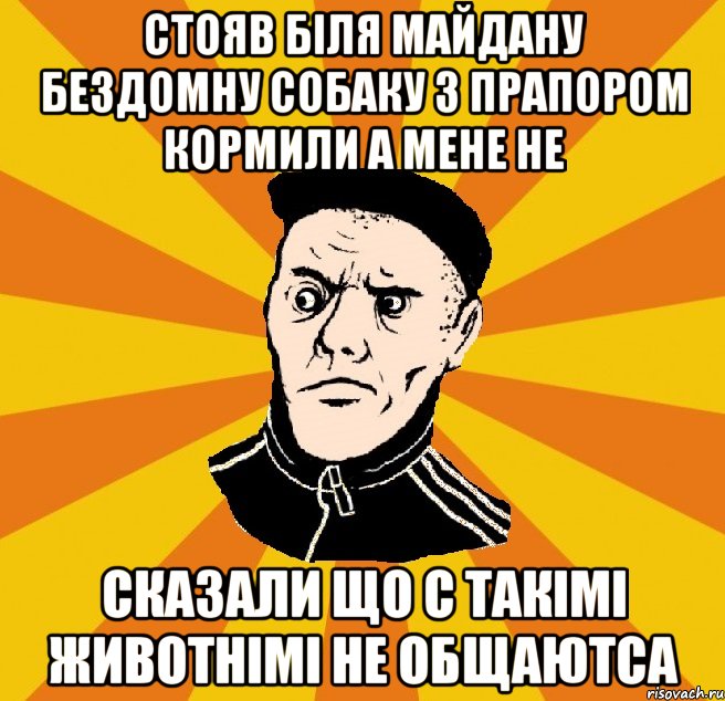 стояв біля майдану бездомну собаку з прапором кормили а мене не сказали що с такімі животнімі не общаютса, Мем Типовий Титушка