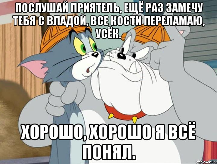 послушай приятель, ещё раз замечу тебя с владой, все кости переламаю, усёк. хорошо, хорошо я всё понял., Мем том и джерри