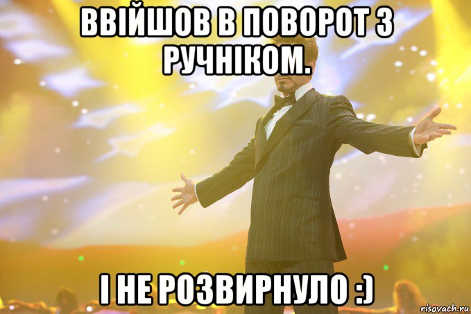 Ввійшов в поворот з ручніком. і не розвирнуло :), Мем Тони Старк (Роберт Дауни младший)