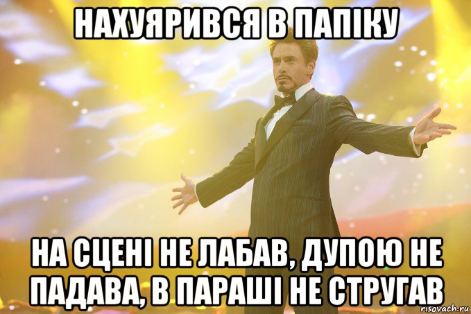 Нахуярився в папіку На сцені не лабав, дупою не падава, в параші не стругав, Мем Тони Старк (Роберт Дауни младший)