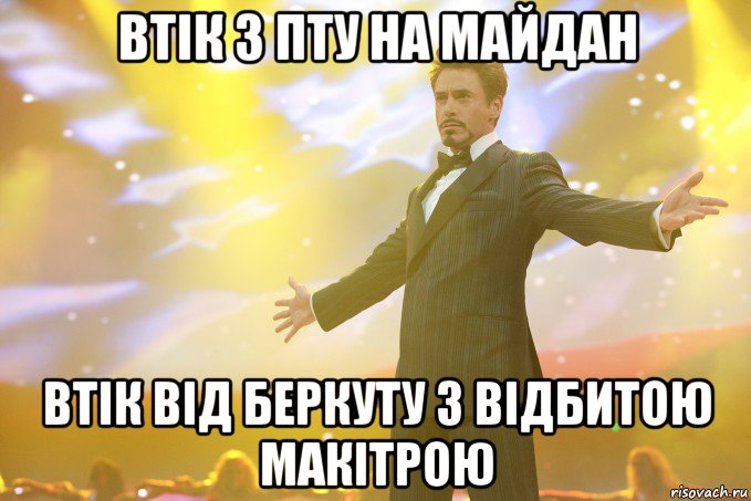 Втік з ПТУ на майдан втік від Беркуту з відбитою макітрою, Мем Тони Старк (Роберт Дауни младший)