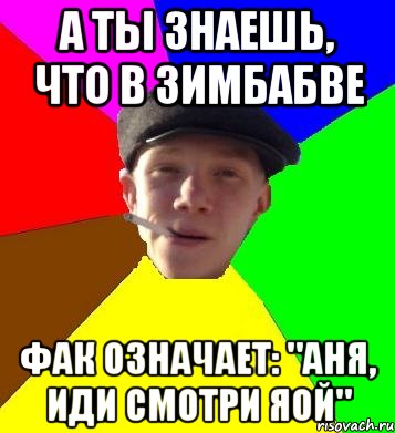 А ты знаешь, что в Зимбабве Фак означает: "Аня, иди смотри яой", Мем умный гопник