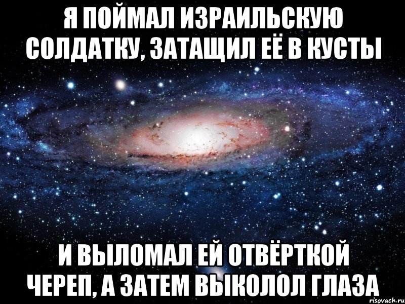 Я поймал израильскую солдатку, затащил её в кусты и выломал ей отвёрткой череп, а затем выколол глаза