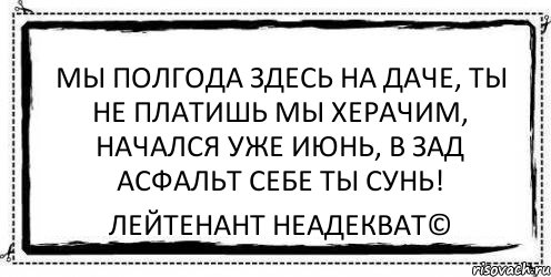 Мы полгода здесь на даче, Ты не платишь мы херачим, Начался уже июнь, В зад асфальт себе ты сунь! Лейтенант Неадекват©, Комикс Асоциальная антиреклама