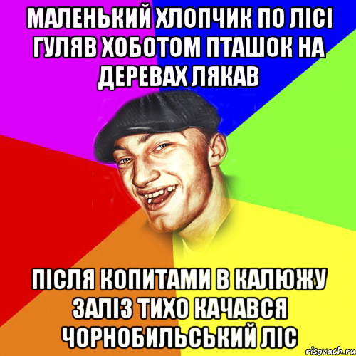 Маленький хлопчик по лiсi гуляв Хоботом пташок на деревах лякав пiсля копитами в калюжу залiз тихо качався чорнобильський лic, Мем Чоткий Едик