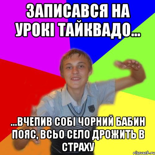 записався на урокі тайквадо... ...вчепив собі чорний бабин пояс, всьо село дрожить в страху, Мем дк