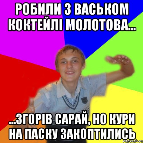 робили з васьком коктейлі молотова... ...згорів сарай, но кури на паску закоптились, Мем дк