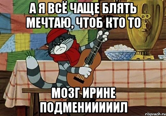 А я всё чаще блять мечтаю, чтоб кто то Мозг Ирине подменииииил, Мем Грустный Матроскин с гитарой