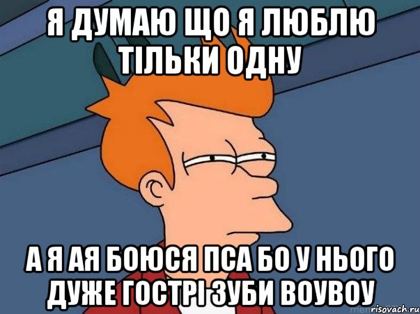 Я думаю що я люблю тільки одну А я ая боюся пса бо у нього дуже гострі зуби воувоу, Мем  Фрай (мне кажется или)