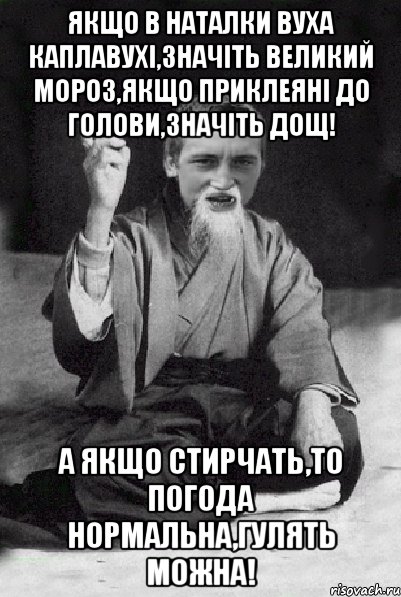 Якщо в Наталки вуха каплавухі,значіть великий мороз,якщо приклеяні до голови,значіть дощ! А якщо стирчать,то погода нормальна,гулять можна!, Мем Мудрий паца