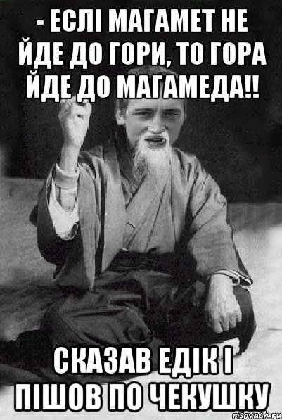 - еслі магамет не йде до гори, то гора йде до магамеда!! СКАЗАВ ЕДІК І ПІШОВ ПО ЧЕКУШКУ, Мем Мудрий паца