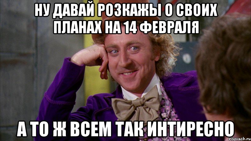 ну давай розкажы о своих планах на 14 февраля а то ж всем так интиресно, Мем Ну давай расскажи (Вилли Вонка)