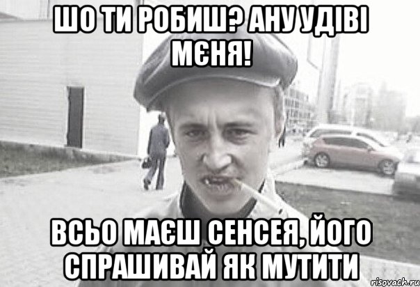 Шо ти робиш? Ану удіві мєня! Всьо маєш сенсея, його спрашивай як мутити, Мем Пацанська философия