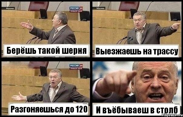 Берёшь такой шерня Выезжаешь на трассу Разгоняешься до 120 И въёбываеш в столб, Комикс с Жириновским