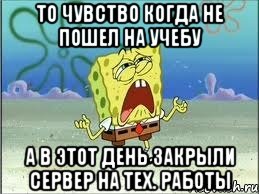 То чувство когда не пошел на учебу А в этот день закрыли сервер на тех. работы, Мем Спанч Боб плачет