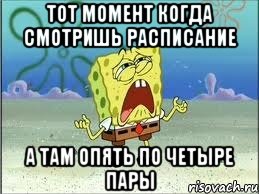 Тот момент когда смотришь расписание А там опять по четыре пары, Мем Спанч Боб плачет