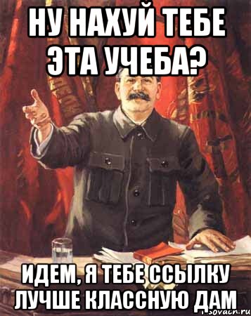 ну нахуй тебе эта учеба? идем, я тебе ссылку лучше классную дам, Мем  сталин цветной