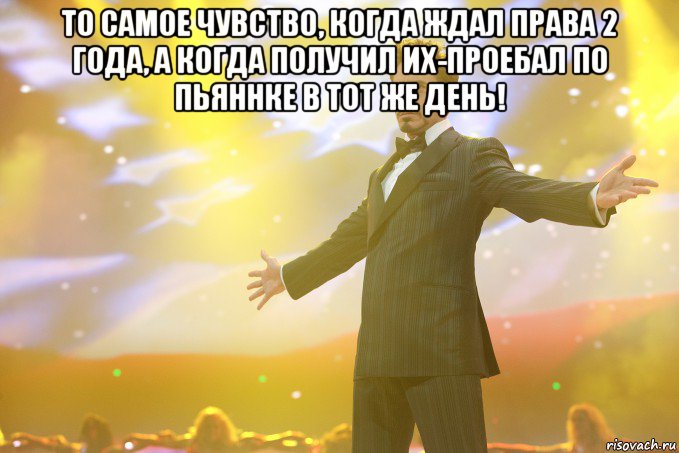 То самое чувство, когда ждал права 2 года, а когда получил их-проебал по пьяннке в тот же день! , Мем Тони Старк (Роберт Дауни младший)